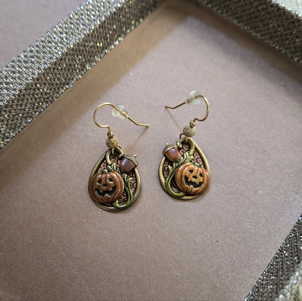 Gold Two-Tone Fall Pumpkin Earrings